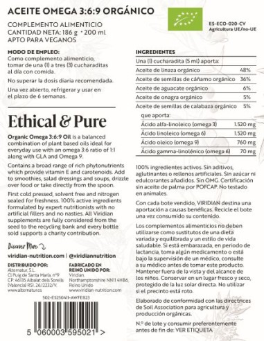 Viridian | Aceite Omega 3:6:9 Bio 200 ml Vegano
