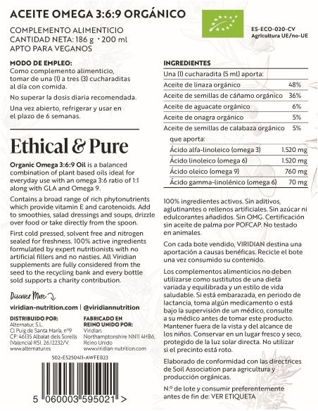 Viridian | Aceite Omega 3:6:9 Bio 200 ml Vegano